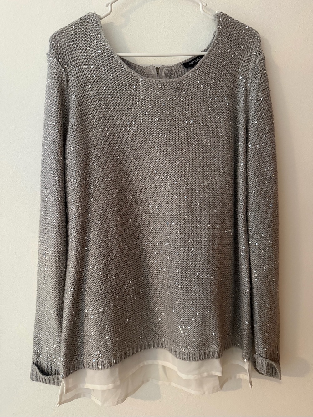 Silver Sequin Knit Layered-Hem Sweater Top